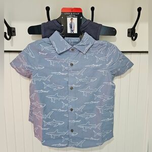Andy & Evan Kids Shark Print Button Down, Tank & Short Set Light Blue NWT Size 6